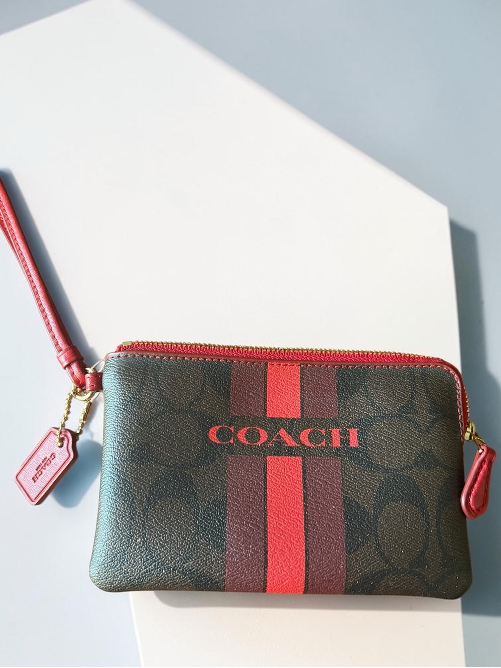 Coach Brown Signature Wristlet with Red Stripe